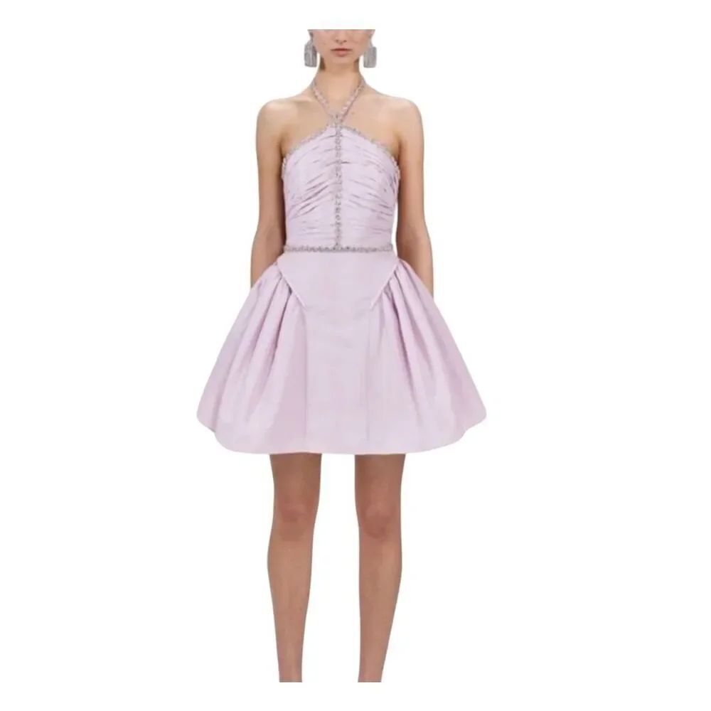 NWT Self Portrait Taffeta Diamante Trim Halter Lilac Cocktail Evening Dress
